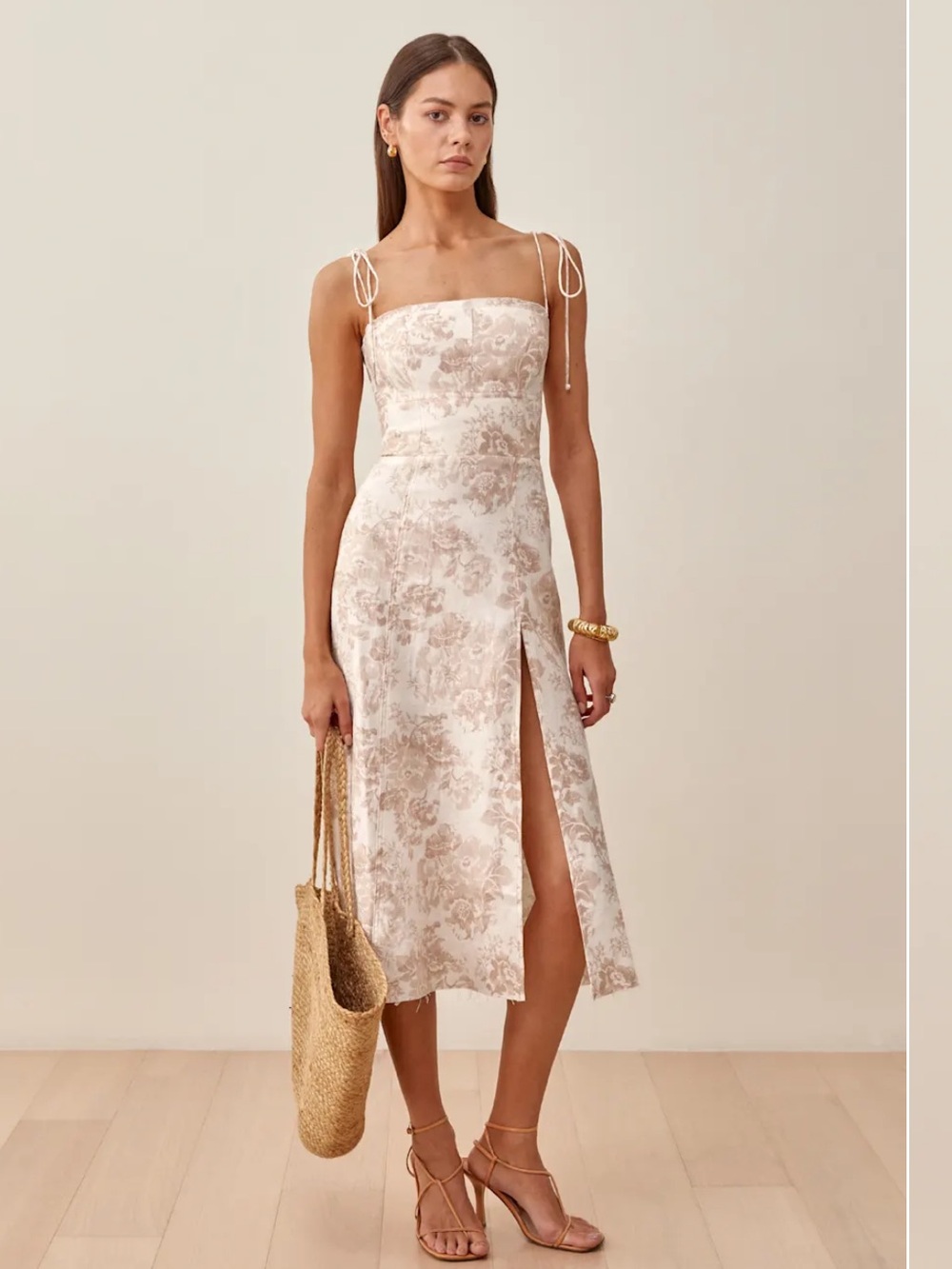 Reformation Liesel Linen Midi Dress — Cream with Taupe Floral